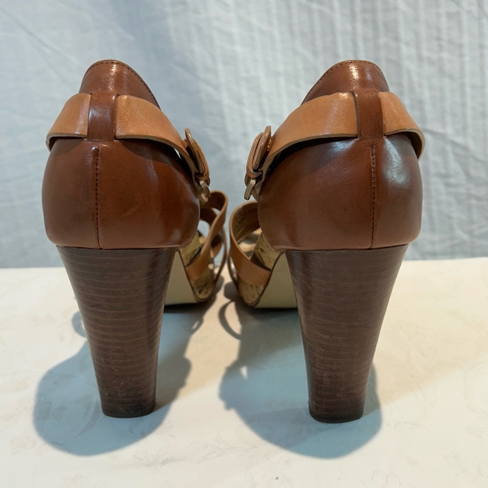 Cole Haan Sz 10 Jocelyn Strappy High Heeled Sandals Leather Brown Tan Wood Heel - Picture 2 of 10